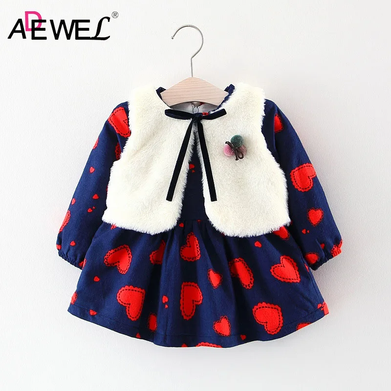 

ADEWEL Autumn Winter New Baby Girls Love Pattern Thick Dress Suit Vest Shawl Two-piece Outfits Clothes Infants 1 2 Years Dresses