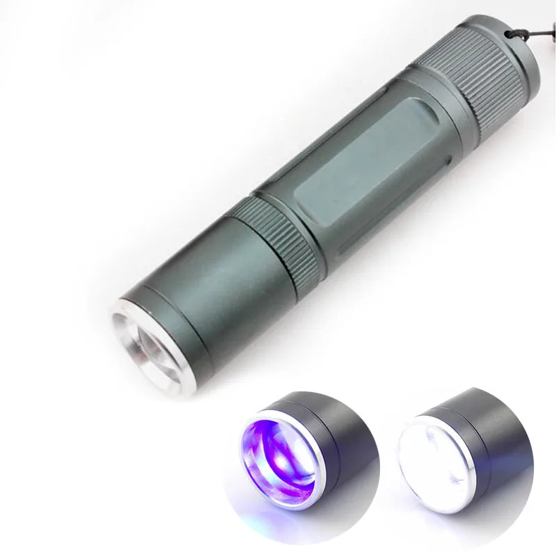 Светодио дный 2 LED фиолетовый белый Масштабируемые УФ фонарик фиолетовый вспышка света Blacklight ультрафиолетовый факел Лампа переносной для
