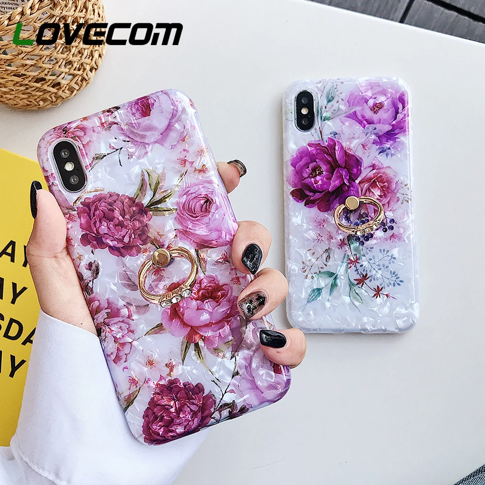 

LOVECOM Phone Case For iPhone XR XS Max 6 6S 7 8 Plus X Dream Conch Flower Soft IMD Phone Back Cover Coque With Finger Ring Gift