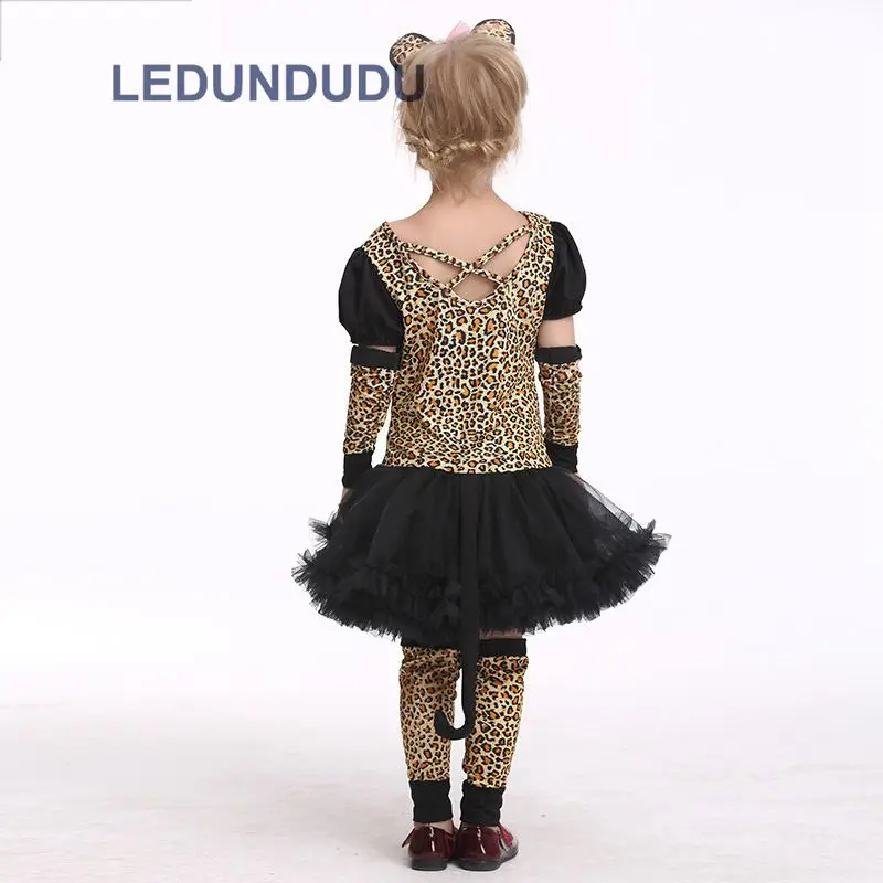 Kids Leopard Tiger Cute Girls Lace Dress Funny Catwoman Cosplay Lovely Cat Children Ballet Dresses Halloween Costumes  (2)