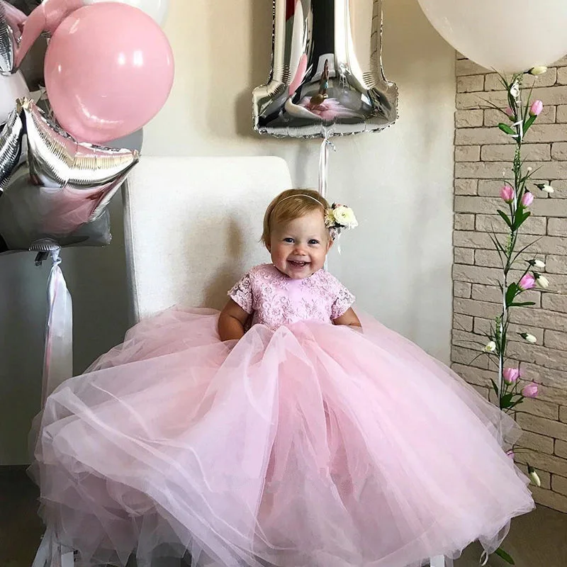 

Pink Flower Girl Dresses Applique Short Sleeve Fluffy Girls Pageant Dresses First Holy Communion Party Dresses