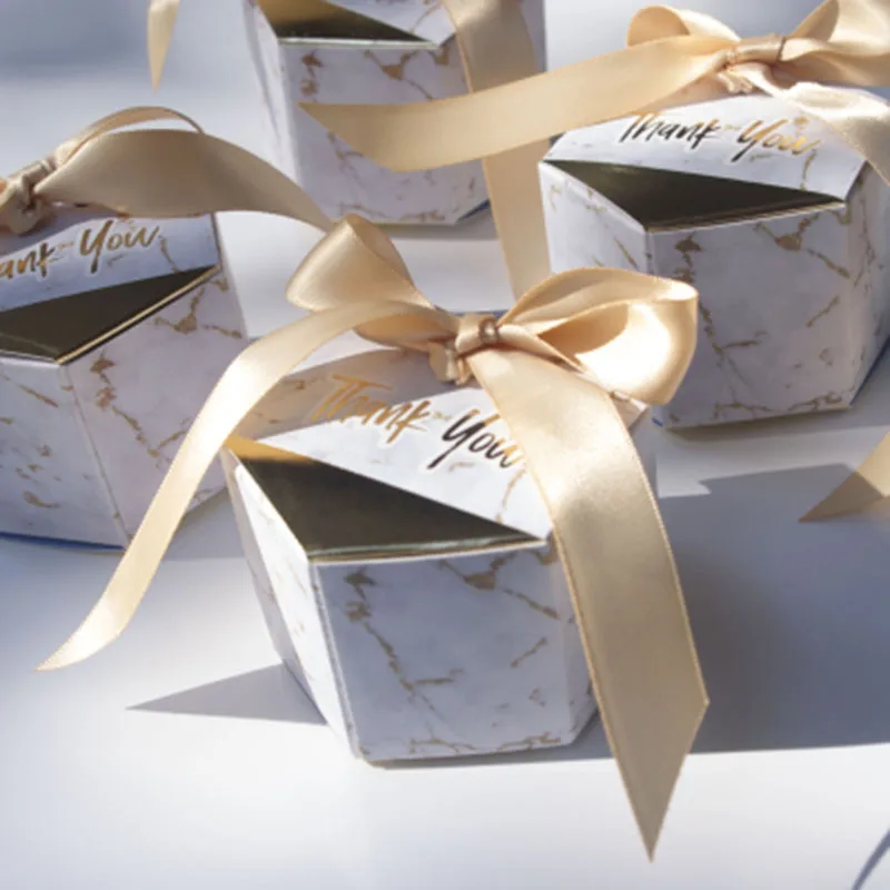 Мрамор гексагональной спасибо конфеты коробка со свадебными сувенирами день рождения, детский душ вечерние украшения бумага для упаковки подарка коробка с лентами - Цвет: Gold