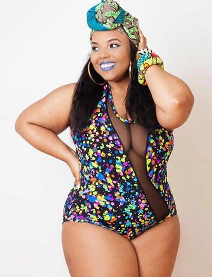 

4XL Plus Size One Piece Swimwear Print Large Size Swimsuit Sexy Mesh Bodysuit Swimming Suit Women maillot de bain Biquini