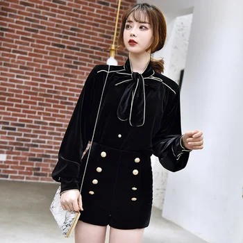 

2019 spring new women set Bow-neck long-sleeved velvet top + high-waist double-breasted A-line shorts pants suits