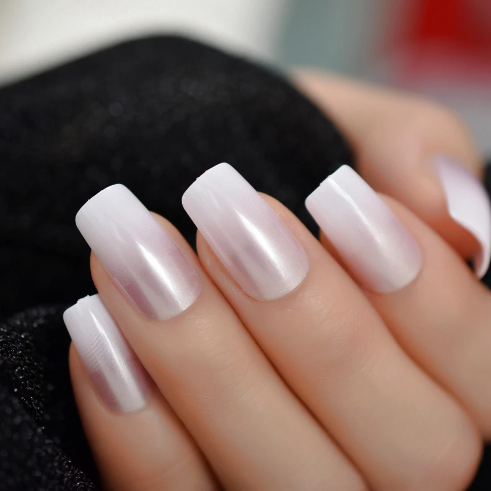  Gradient Pearl Pink French False Nails Manicure Square Head Press on Fake Nails Tips Daily Office F