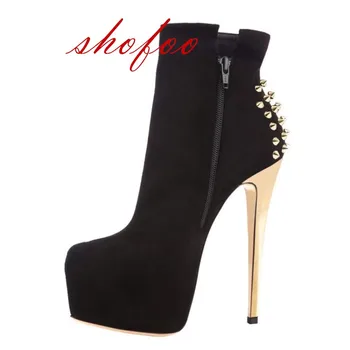 

SHOFOO shoes,Beautiful fashionable women's shoes,mid- calf boots, about 14.5 cm high heel boots, short boots. SIZE:34-45