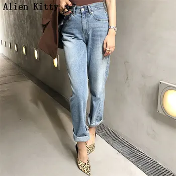 

Alien Kitty Patchwork Fashion Cuffs New Style 2019 Hot Sale Jean High Street Female Simple Blue Button Fly Denim Pants Plus Size