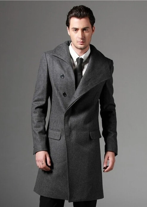 Новое Осеннее шерстяное пальто с пуговицами для мужчин приталенное Мужское пальто шерстяное модное красивое пальто кашемировое размера плюс S-3XL - Цвет: Темно-серый