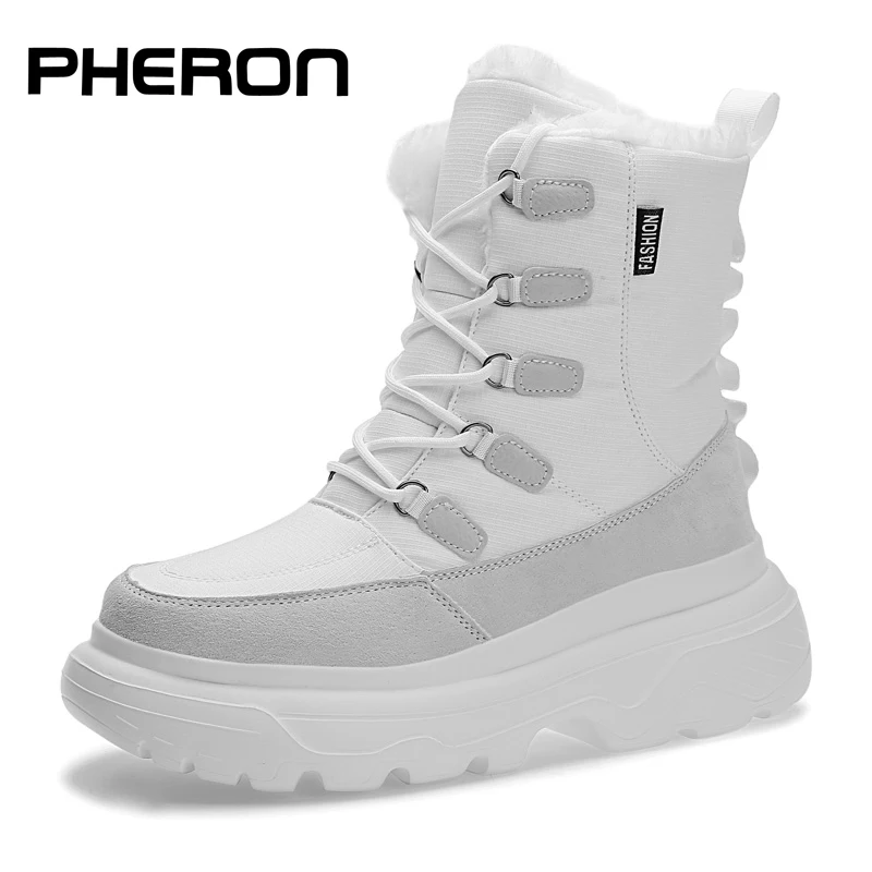 

PHERON Winter Warm Plush Fur Snow Boots Men Ankle Boot Quality Casual Motorcycle Boot Waterproof Men's Boots Big Size 39-46