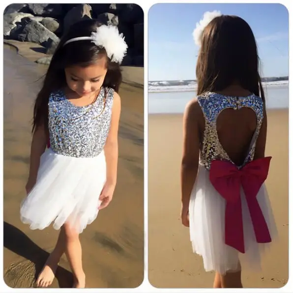 

Elegant Sequins Baby Girls Bowknot Dress Party Ball Gown Dresses Backless Sundress White Girls Tulle Back Heart Love Girls Dress
