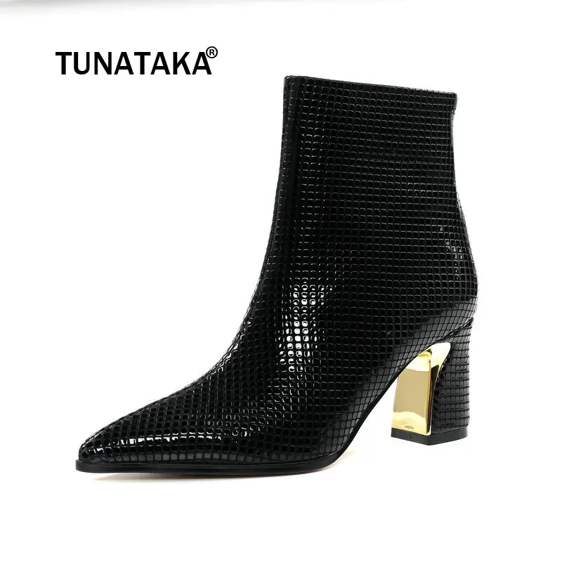 

Genuine Leather Square High Heel Side Zipper Woman Ankle Boots Fashion Pointed Toe Ladies Boots Black