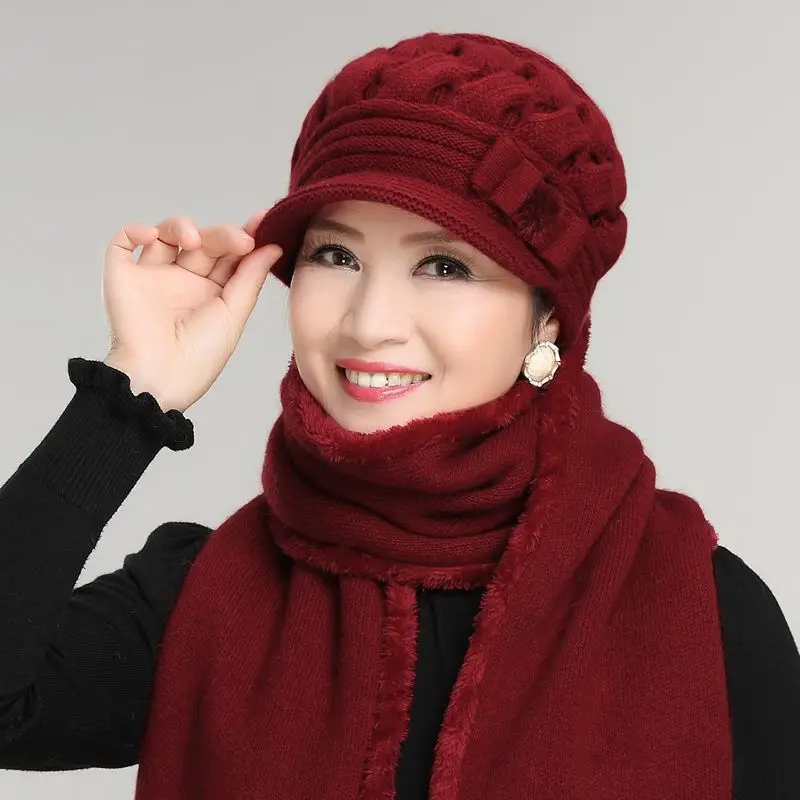 Gorro punto de conejo para mujeres mayores, bufanda de lana de otoño e invierno, conjunto de gorro de piel, regalo de Año Nuevo madres - Accesorios para la ropa