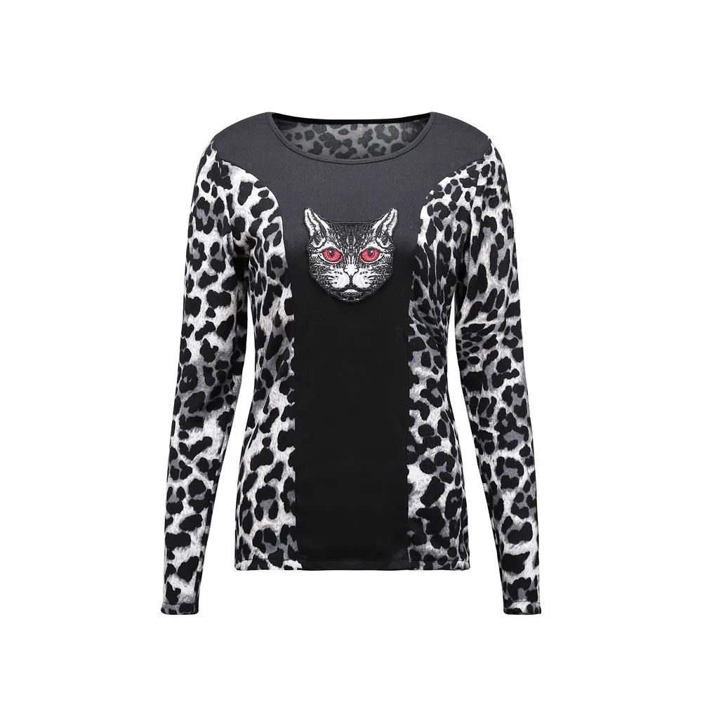 

FREE OSTRICH women's leopard stitching long-sleeved T-shirt O-neck cat print tops casual shirt plus size sweater Oversize