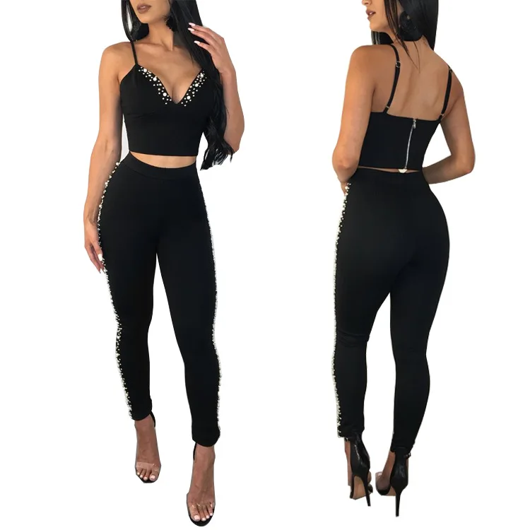

Elegant Jumpsuit Women Strap Two Piece Black Beading Overalls Hollow Party Rompers And Jumpsuit K9204
