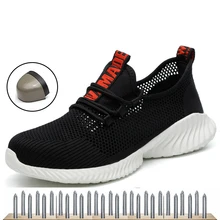 Мужская защитная обувь; дышащие летние ботинки; женская обувь для работы с противоскользящим стальным носком; большие размеры 36-46