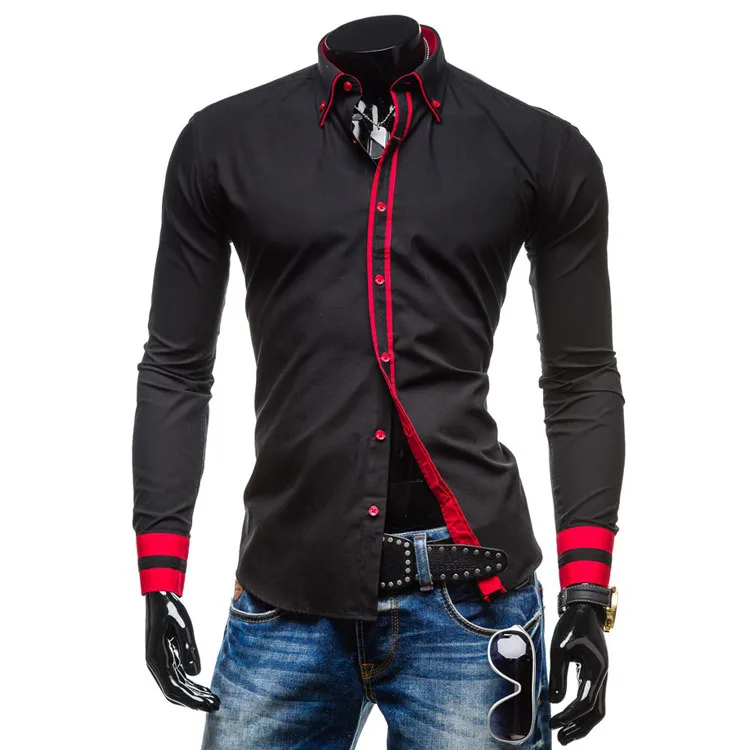 Новые брендовые ленты манжеты модные контрастные цвета мужские рубашки с длинным рукавом Slim Fit повседневные мужские рубашки Social