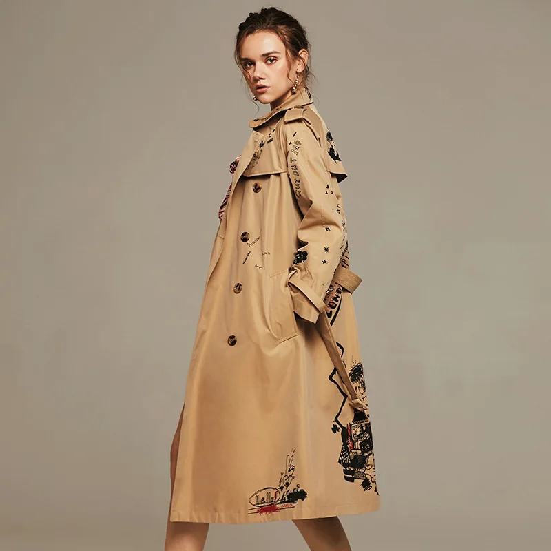 Kopen Wqjgr 2020 Herfst En Winter Trenchcoat Vrouwen Lange Mouw Afdrukken Windjack Geul Femme