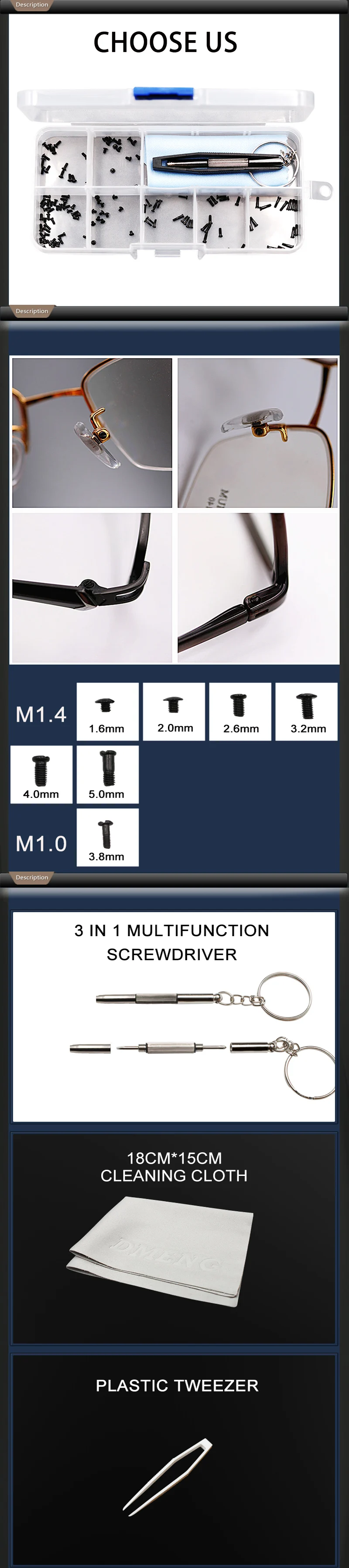 Набор для ремонта очков, солнцезащитных очков, часов с винтами, пинцетом, отверткой, золотыми/черными винтами из нержавеющей стали