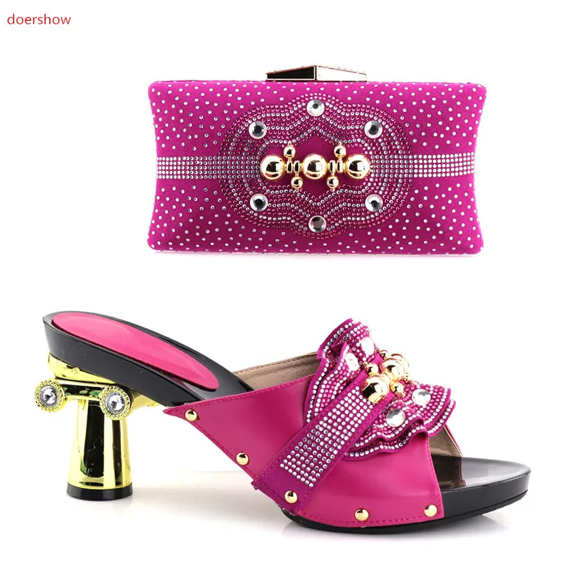 

doershow New Arrival fuchsia Color Italian Shoes with Matching Bag Set Decorated with Rhinestone African Shoe and Bag Set !HV1-6