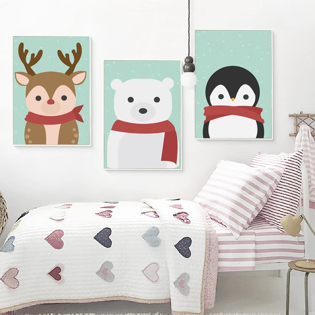 Cartoon Animal In Scarf Canvas Painting Art Print Poster Picture Cartoon Animal In Scarf Canvas Painting Art Print Poster Picture Wall Paintings Children Bedroom Nursery Decor