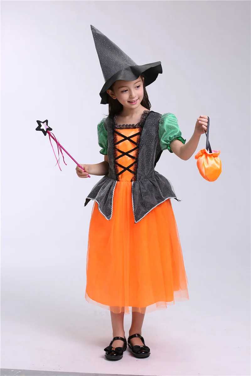 Фантазийный маскарадный костюм на Хэллоуин для девочек платье ведьмы детская одежда детское платье для девочек, шляпа, 2 предмета, одежда для маленьких девочек