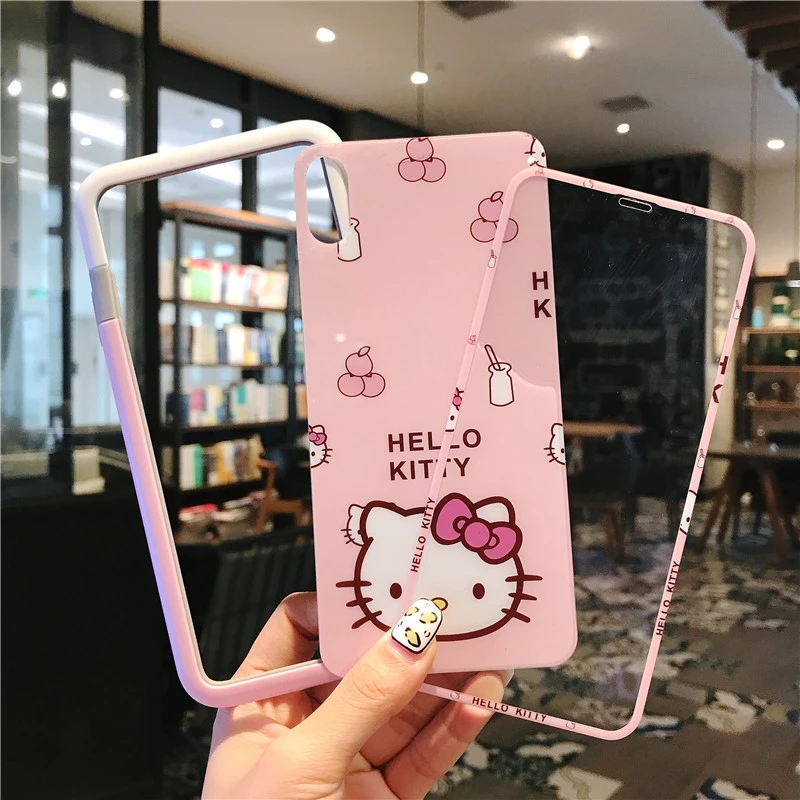 For iPhone XS max soft bumper + Kitty Tempered Glass Screen film ( Front &ampBack ) frame for X XR cartoon glass flim |