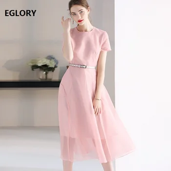 

High Quality New 2019 Summer Fashion Party Blue Pink Dress Women Sexy Sheer Mesh Patchwork Short Sleeve Mid-Calf Length Dress