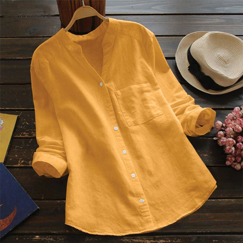 

2019 Women Cotton Linen Solid Color Long Sleeve Large Size Casual Shirt