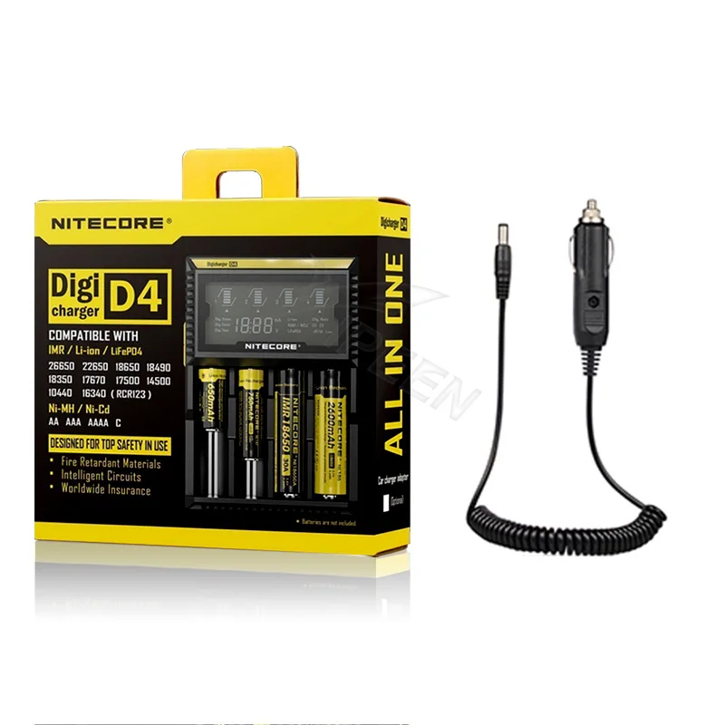 Оригинальное NItecore D4 D2 Новое I4 I2 Digi зарядное устройство lcd интеллектуальное Li-Ion AA AAA 18650 14500 16340 26650 зарядное устройство для автомобиля - Цвет: D4 Car Cable