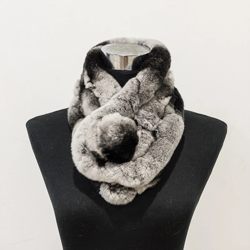  Women Fur Scarf Ball Winter Real Rex Rabbit Fur Scarves Collar Female Warm Neck Color Pompoms cachecol  (2)