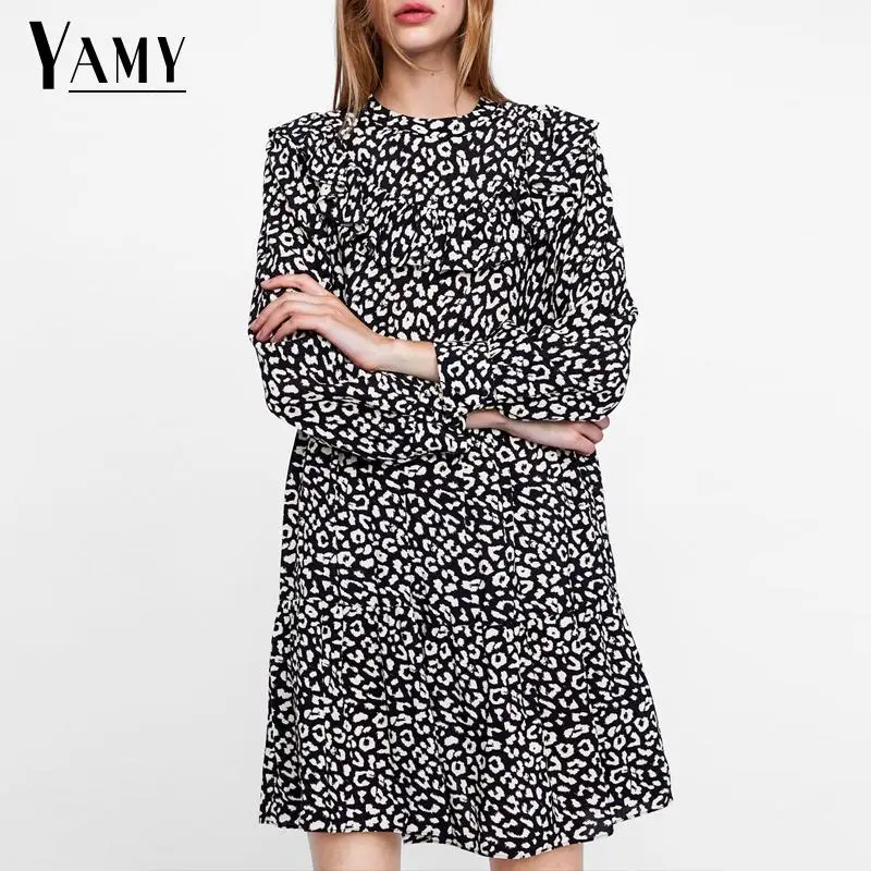 

Vintage leopard print long sleeve dress women autumn dress elegant ruffles red party dress Sexy mini christmas dress vestidos