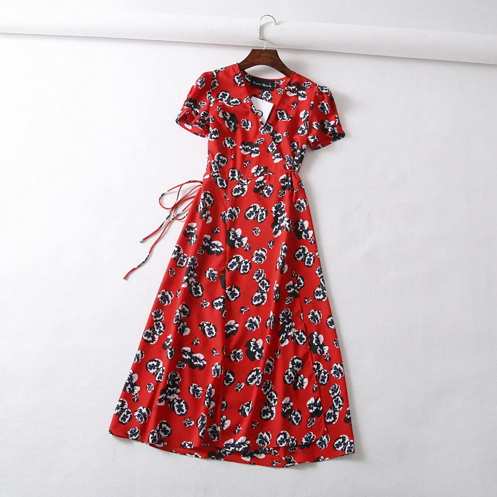 Винтажное платье в горошек с цветочным принтом, женское шифоновое пляжное платье с коротким рукавом, корейские вечерние платья миди с v-образным вырезом, повседневные платья boho vestidos