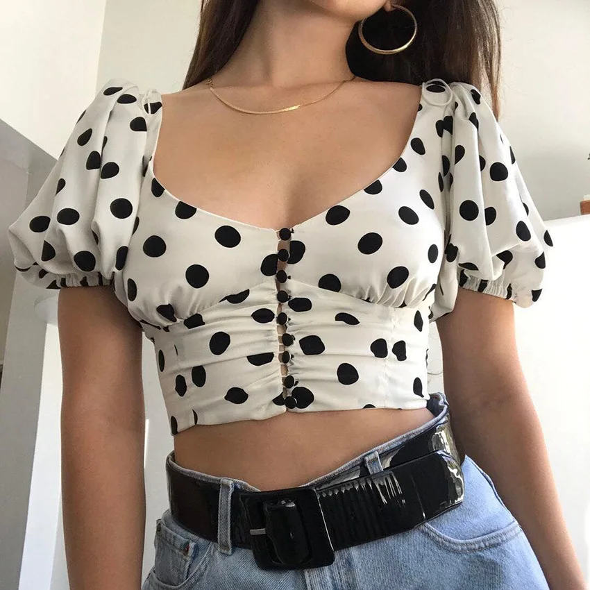 

Women Sexy Polka Dot Blusas Square Collar Blouses Puff Sleeve Tops And Blouses Vintage Shirt Women Crop Top New Fation