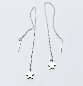 

100% Real. 925 Sterling Silver Fine Jewelry Polished Star Long earrings Dangle gtle2005