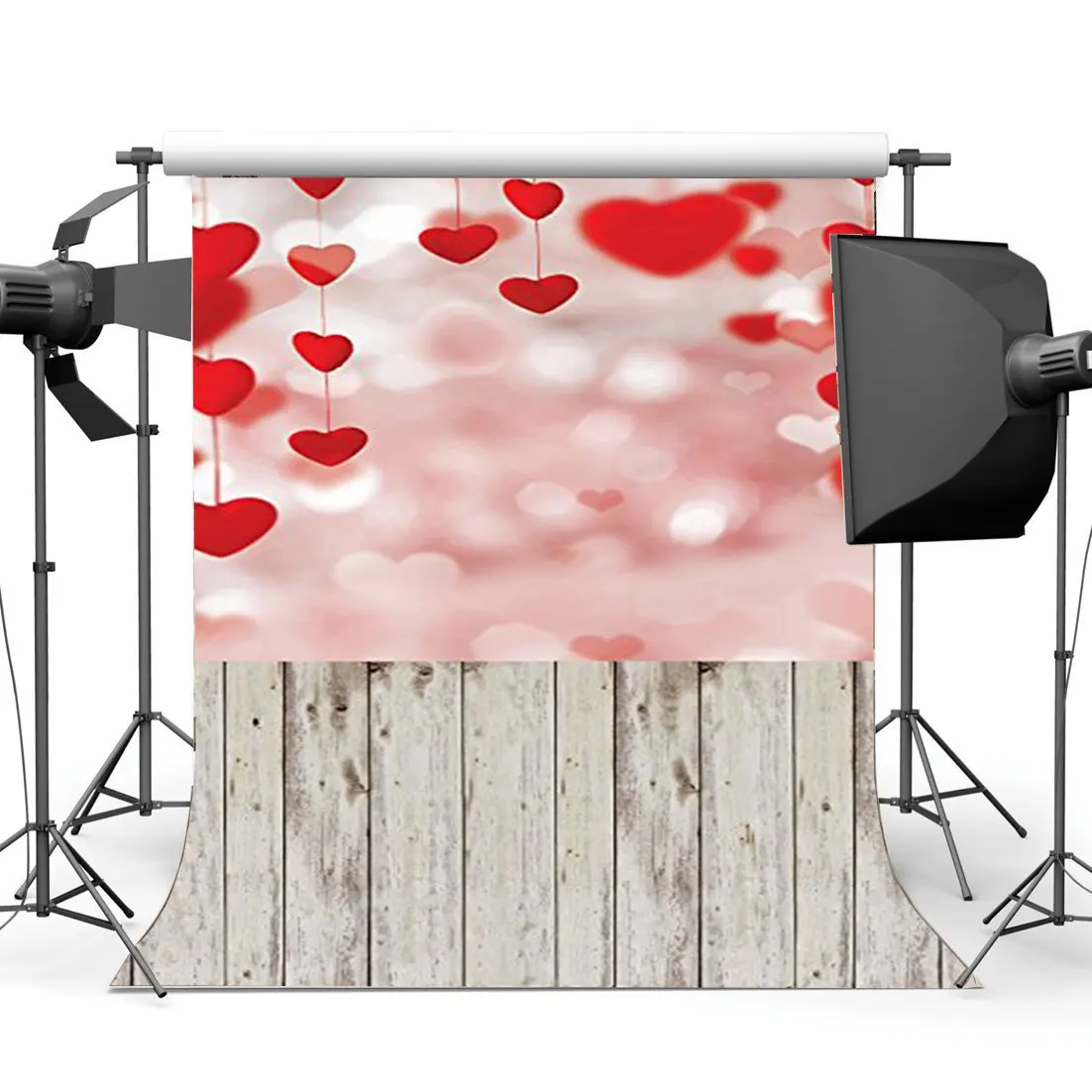 

Valentine's Day Backdrop String Red Hearts Bokeh Glitter Sequins Rustic Stripes Wood Floor Background