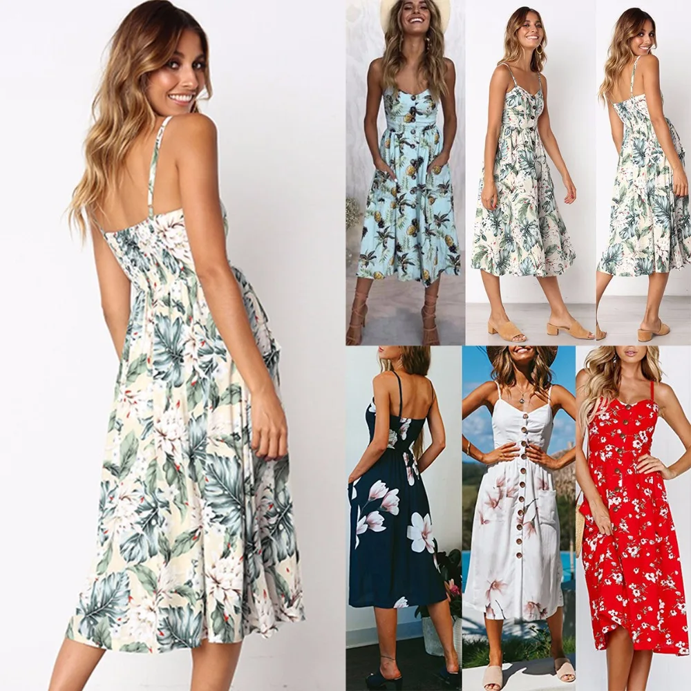 

HighWaistSummer Beach Dress Women 2018 Sexy Spaghetti Strap Backless Floral Dress Button Side Pocket Long Dresses Vestidos XXXL