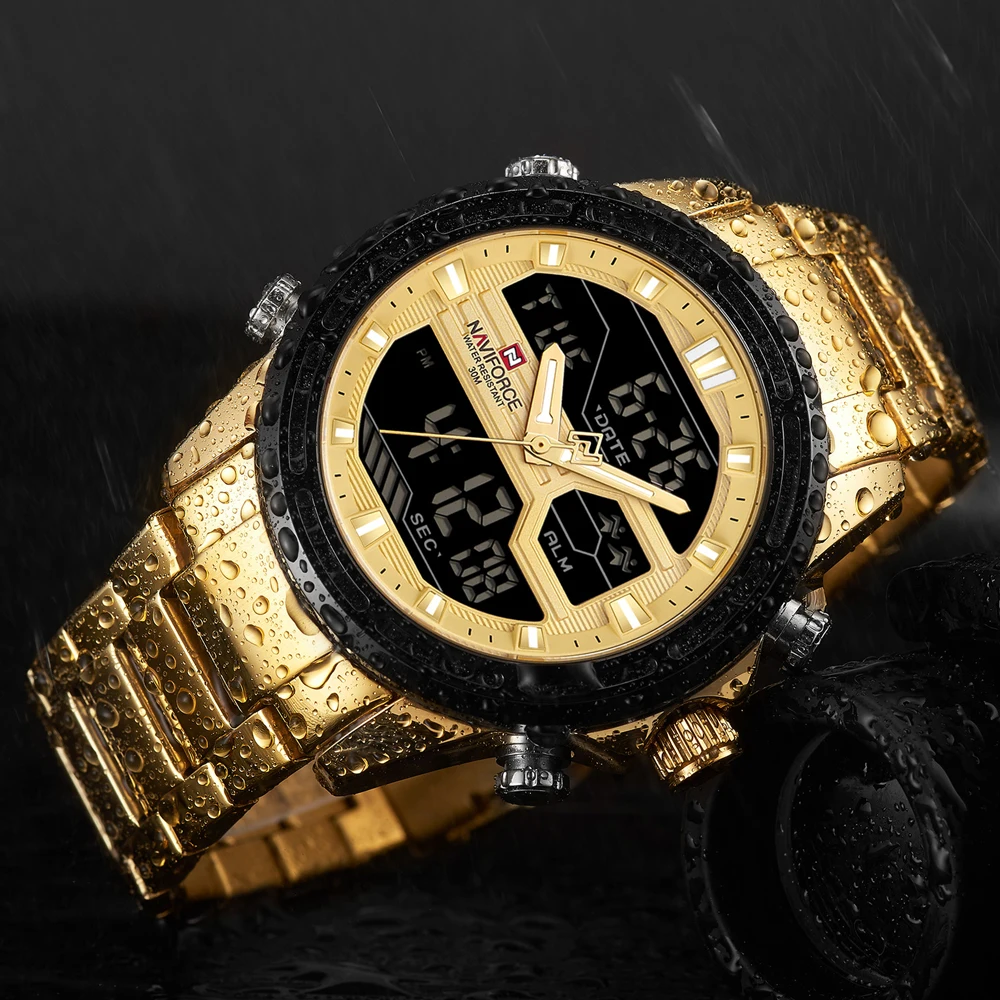 Naviforce Top Luxury Brand Mens Digital Analog Military Golden Steel Watch Fashion Sport Waterproof-3