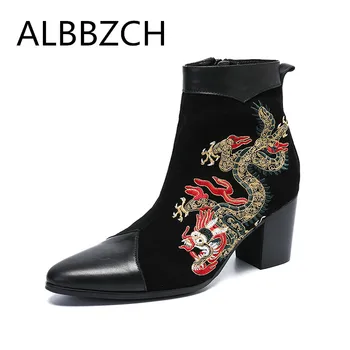 

New Men's Chelsea Ankle Boots High Heels Fashion Embroidered Men Wedding Shoes Height Increase Trend Party Shoes Plus Size 38-46