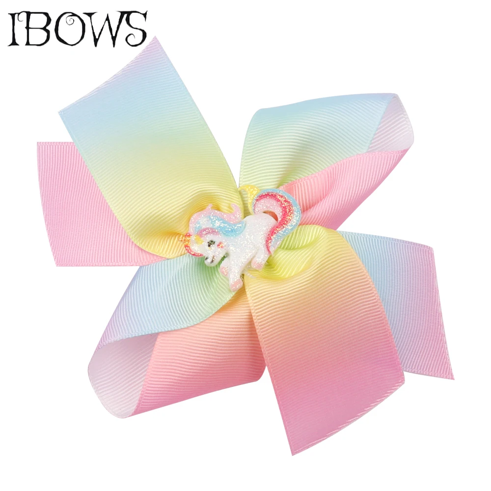 

IBOWS Hair Accessories Hair Bows for Girls Grosgrain Ribbon Knotted Hairgrips 5'' Hairbows for Unicorn Party Girls Headdress