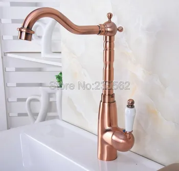 

Swivel Spout Antique Red Copper Bathroom Faucet Deck Mounted Single Handle Cold and Hot Water Taps Basin / Sink Faucets lnf637