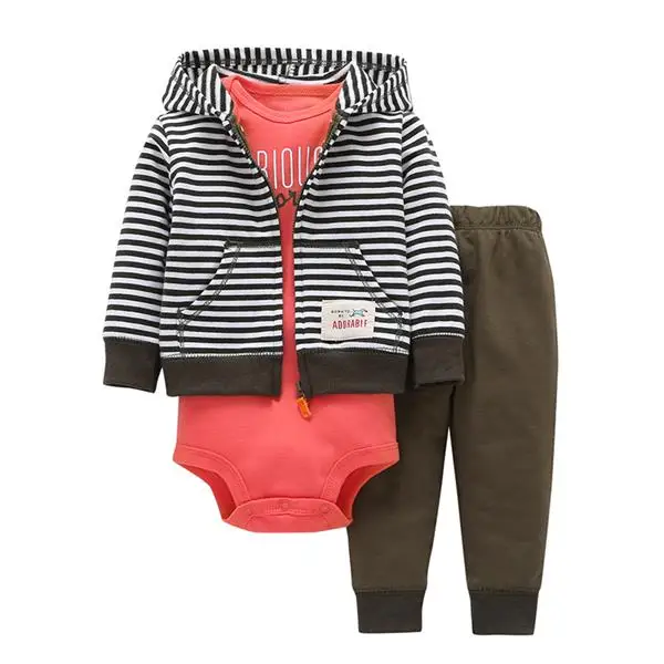 

Fashion Style 3pcs(Long-sleeved Striped Hooded Pockets Zipper Coat+Solid Red Romper+Pants)Baby Boy 2018 New Character Clothes
