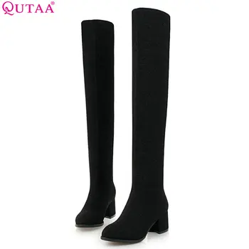 

QUTAA 2020 Women Over The Knee High Boots Platform Slip on Winter Shoes Square High Heel Women Motorcycle Boots Big Size 34-43