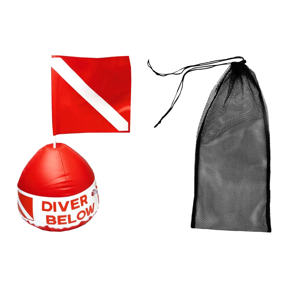 Diving Swimming Fin Shoes Flippers Accessories Mesh Bag + Red & White Scuba Flag with Inflatable Float Buoy Diving Bags