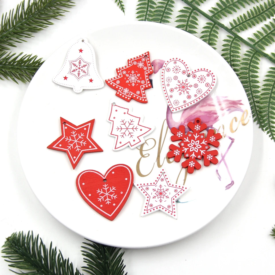 12PCS/Lot DIY White&Red Christmas Tree/Heart/Star Wooden Pendants Ornaments For Home Xmas Tree Ornaments Kids Gifts Decorations