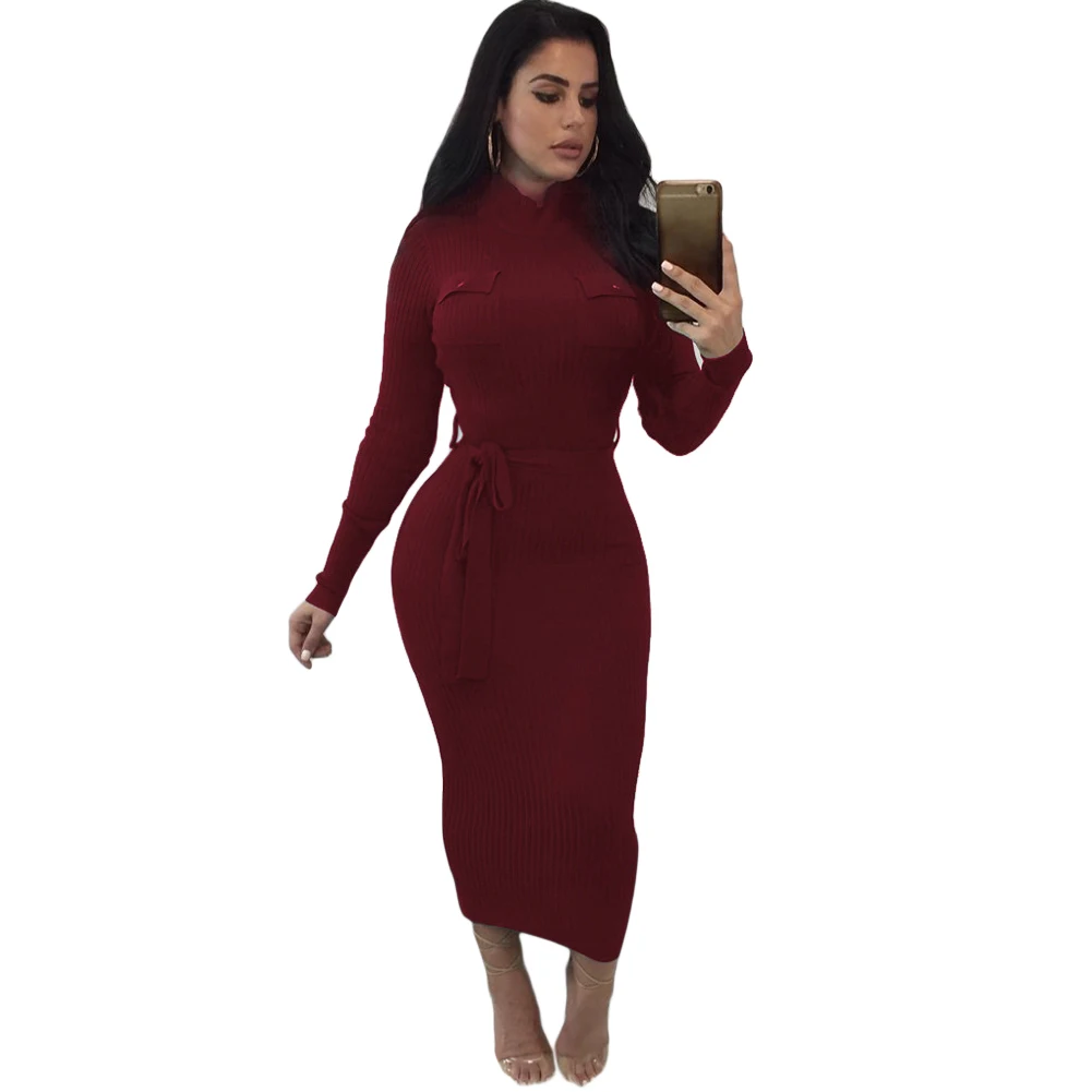 Winter Women Sweater Knitted Dress Turtleneck Pockets