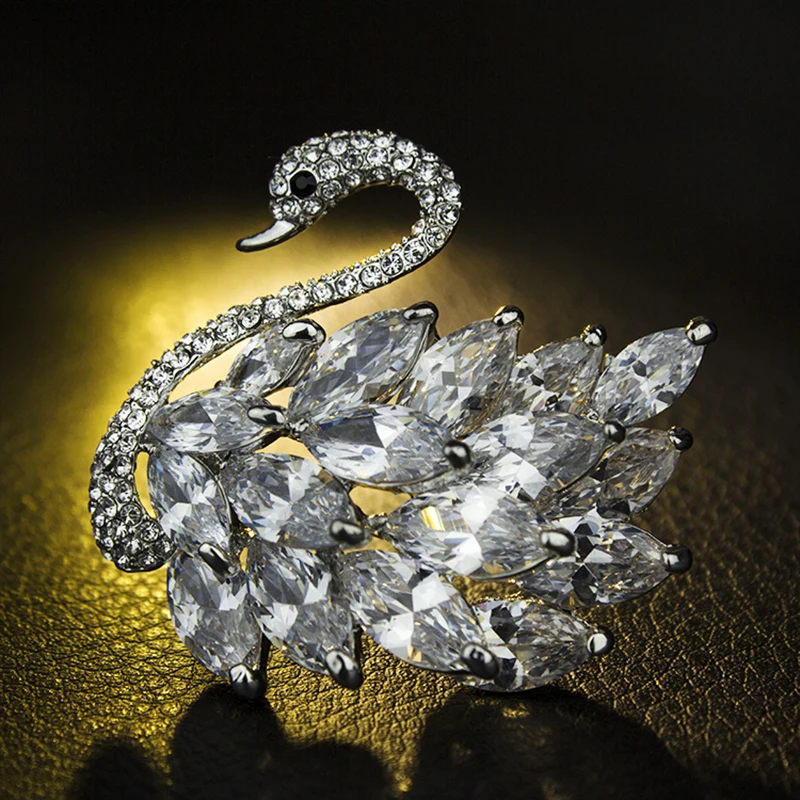 

2016 Luxury Brand Design Bridal Elegant Swan Brooch Silver Tone Bird Brooch Pins Rhinestone Women Jewelry