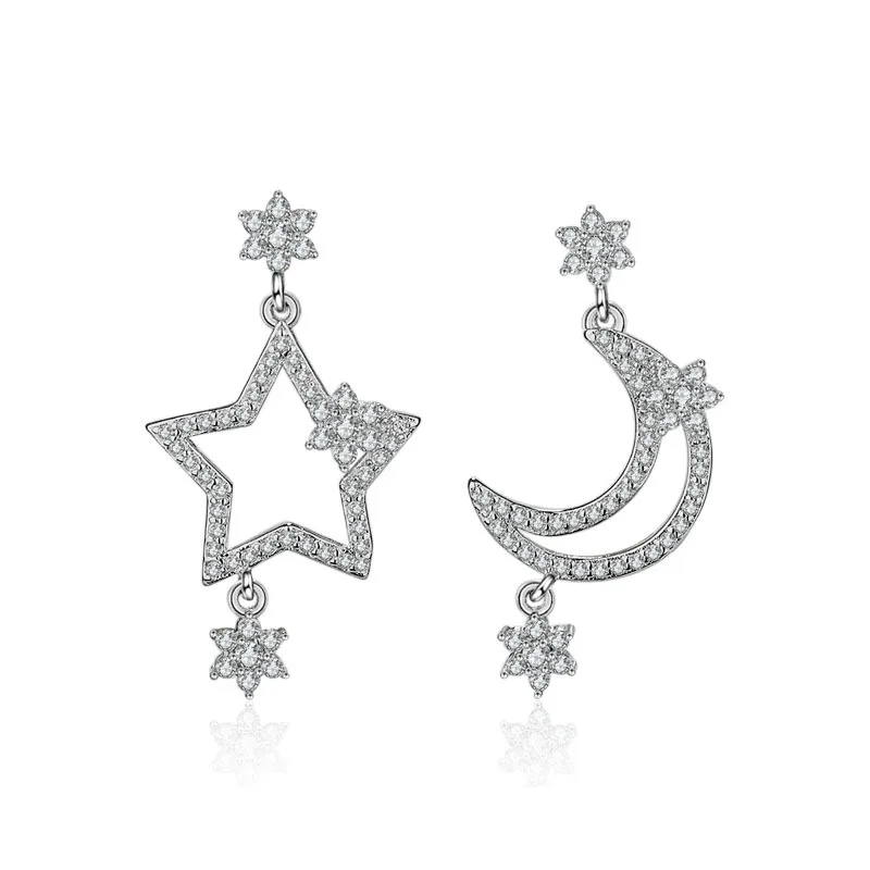 

Hot sell fashion moon & star shiny crystal female gift 925 sterling silver ladies`stud earrings jewelry promotion wedding best