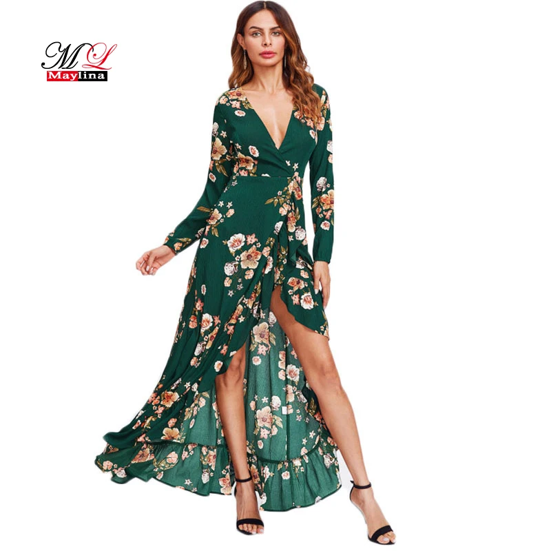 Maylina ретро Boho Цветочные оборками Макси платье с глубоким v образным вырезом