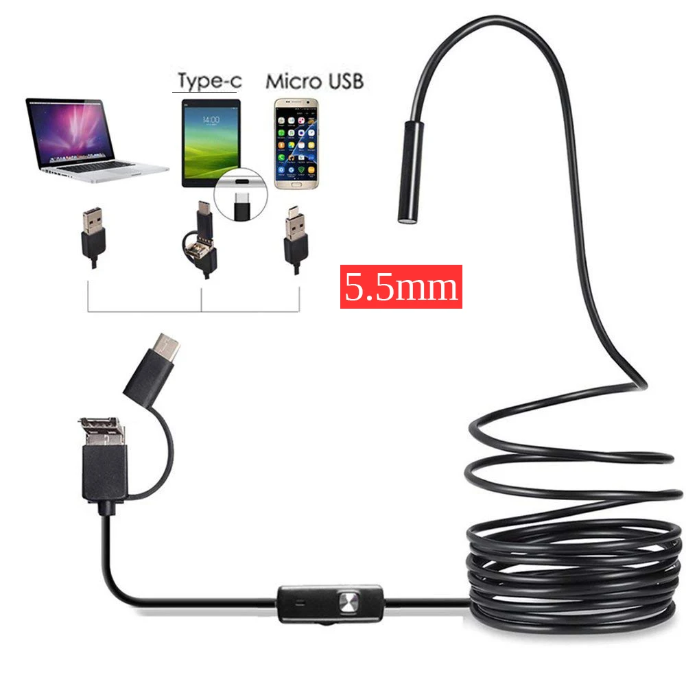 

3in1 5.5mm 6Led Type C Waterproof Endoscope Camera Inspection 1m 2m 5m USB Cable Endoscope Borescope Android Endoscope