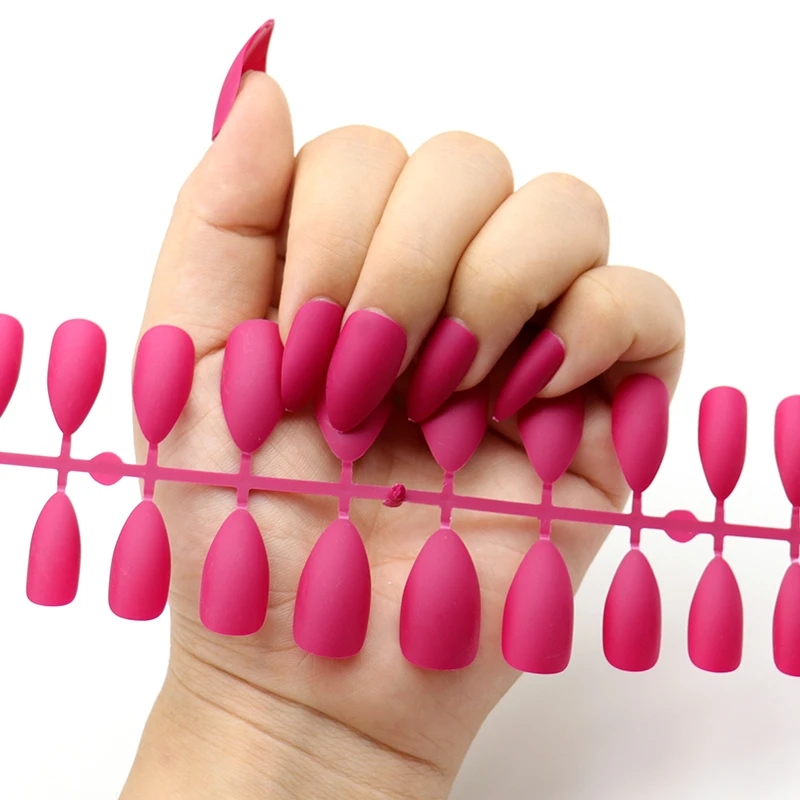 

24pc Matte Fake Nails Tips Gray Pure Blue Designs Nude Red Wine Full Nail Tips Fingernails Long Point Stiletto DIY Manicure Tips